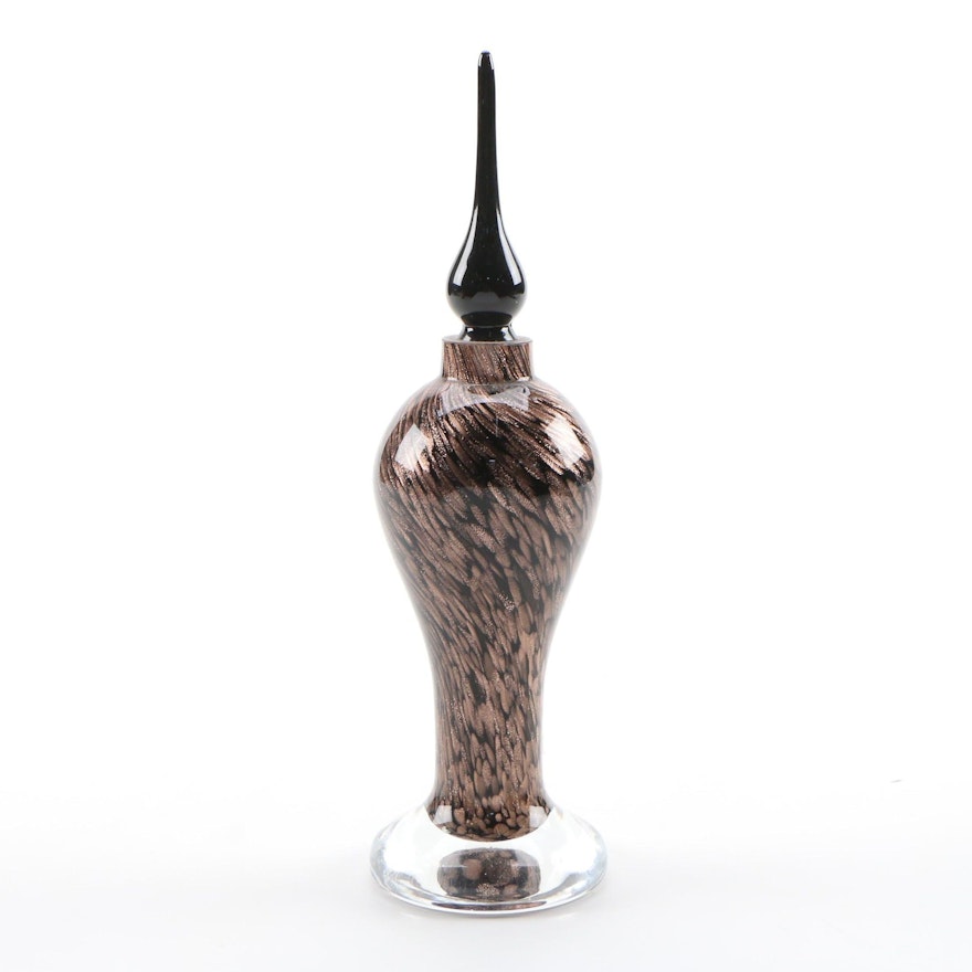 Metallic Copper and Black Swirled Art Glass Perfume Bottle