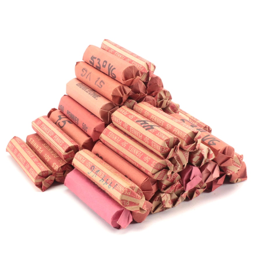 Fifty Rolls of Lincoln Wheat Cents from the 1940s and 1950s