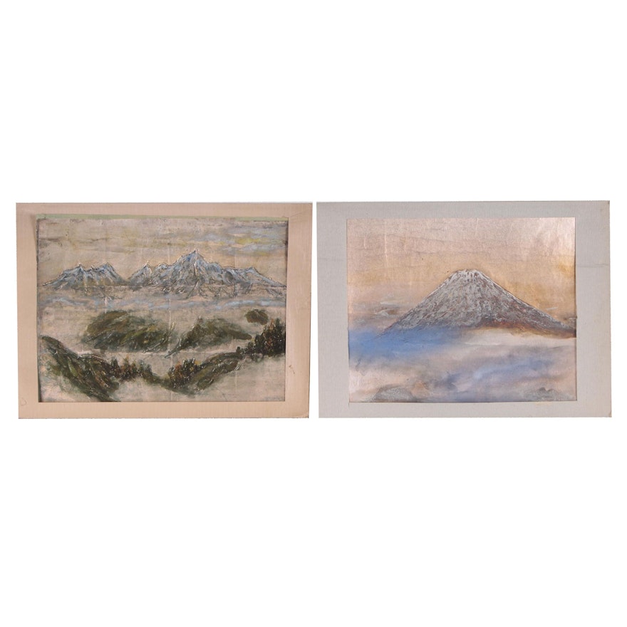 Mixed Media Mountain Landscape Paintings, Late 20th Century