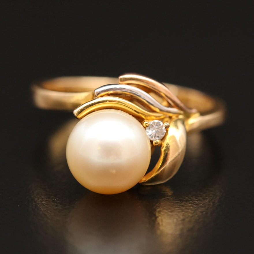 14K Pearl and Diamond Ring with Rose Gold Accent