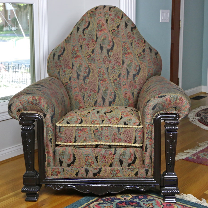 Carved Ebonized Wood Upholstered Armchair