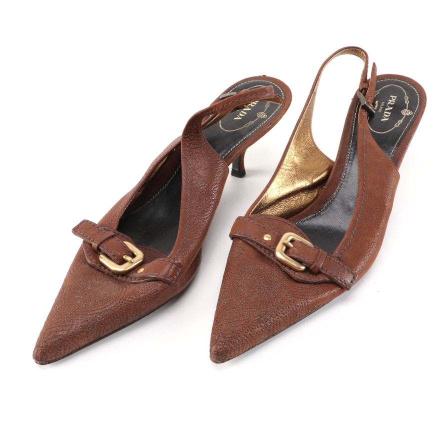 Prada Stitched Brown Leather Pointed Toe Slingbacks with Buckle Strap