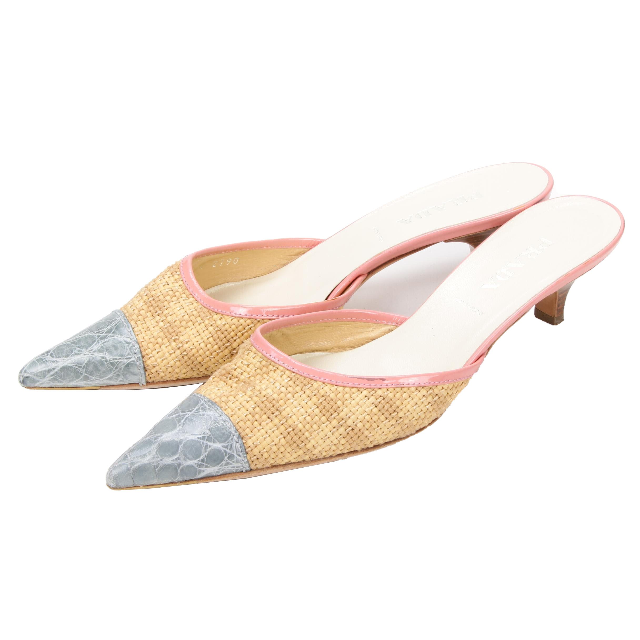 Prada Woven Raffia, Pink Leather and Grey Alligator Skin Kitten Heel Mules