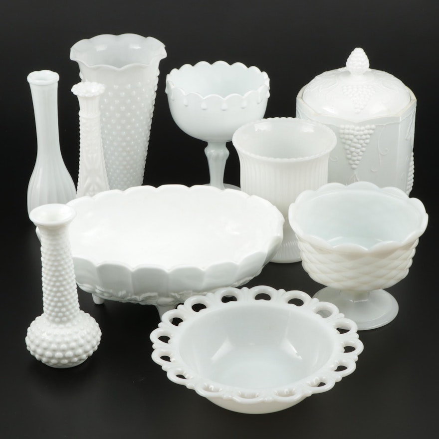 E.O. Brody Co. and Other Milk Glass Vases, Compotes, and More, Mid-20th Century