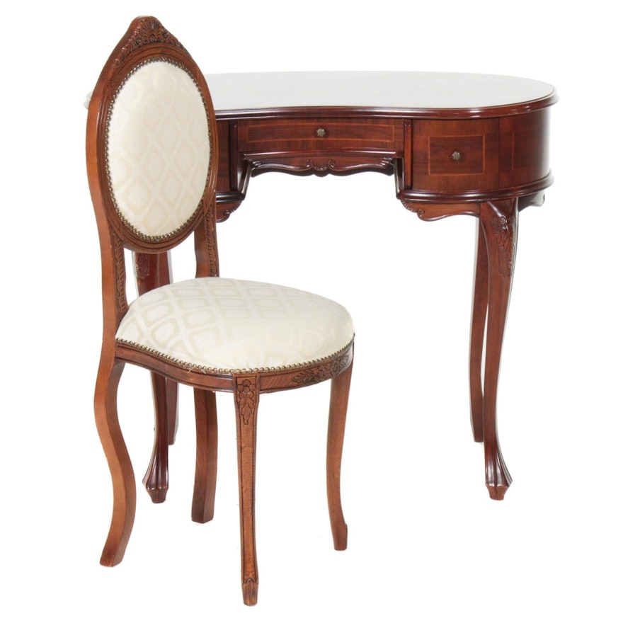 Queen Anne Style Cherry Vanity Table with Chair, Late 20th Century