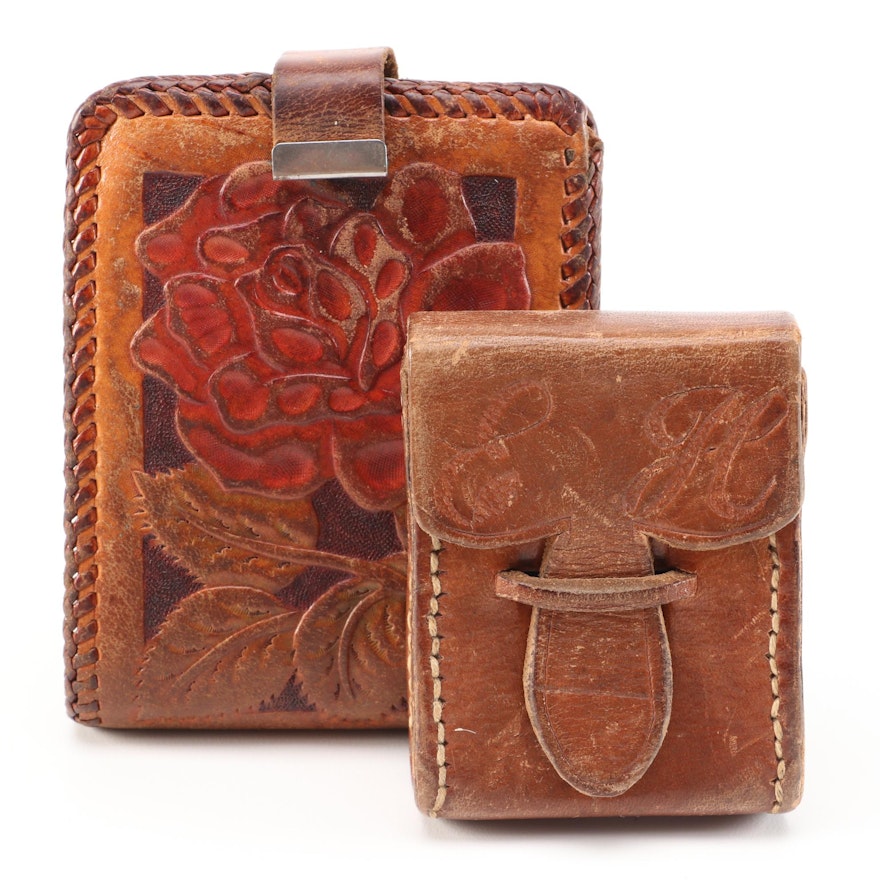 Hand Tooled Wallet and Monogrammed Leather Case, 1970s Vintage