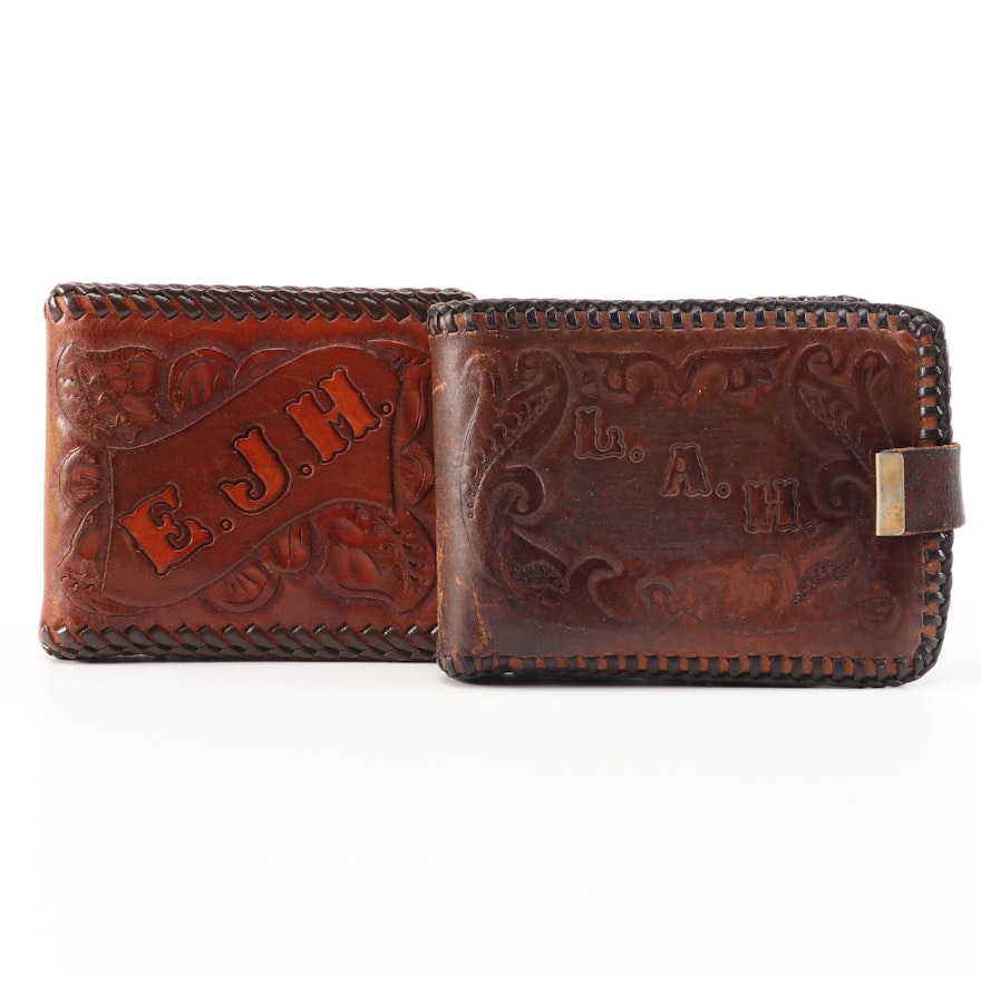 Hand Tooled and Monogrammed Leather Wallets, 1970s Vintage