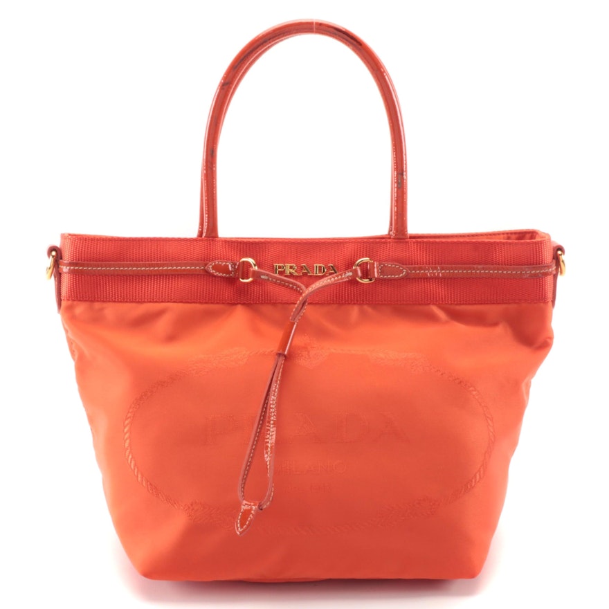 Prada Orange Large Print Logo Tessuto Canvas and Patent Leather Tote