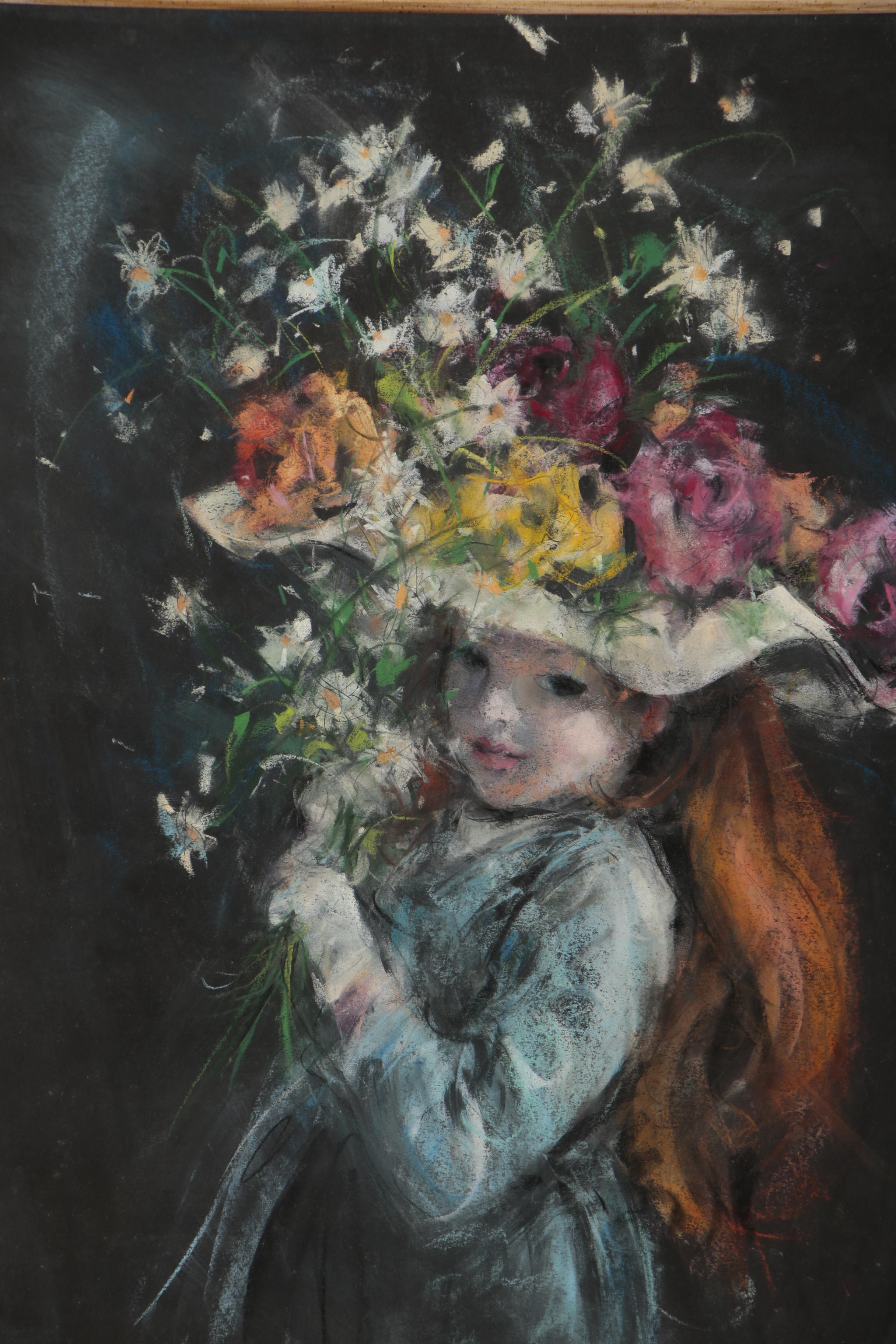 Pastel Drawing of Girl Wearing Floral Hat in the Style of Suzanne Eisendieck