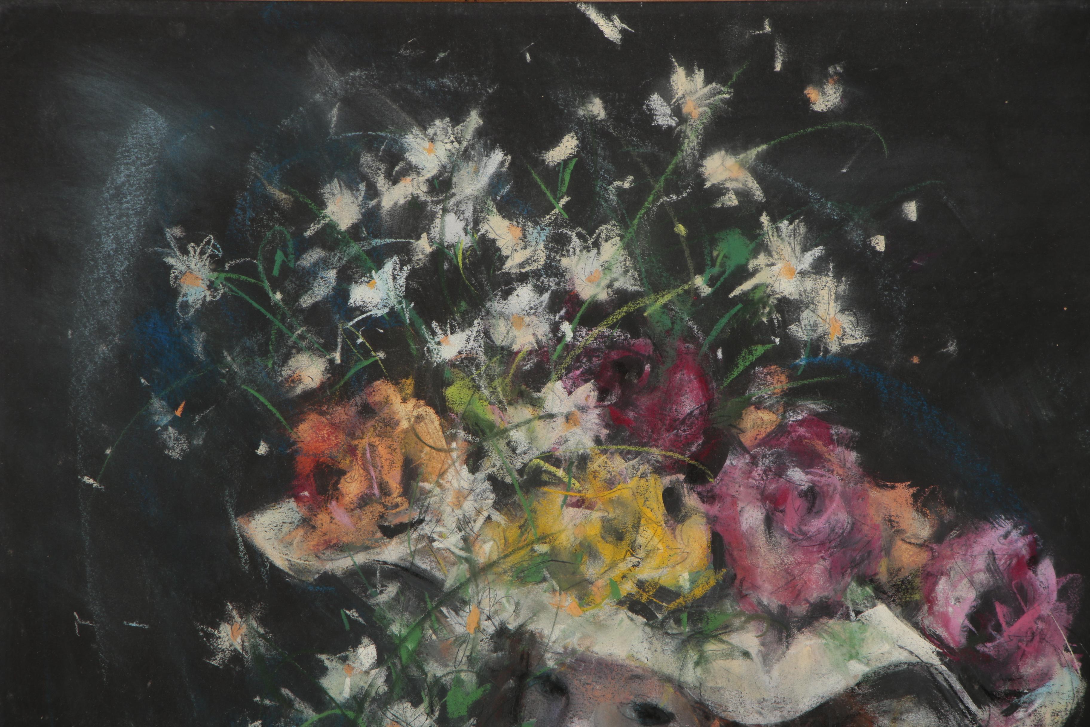 Pastel Drawing of Girl Wearing Floral Hat in the Style of Suzanne Eisendieck