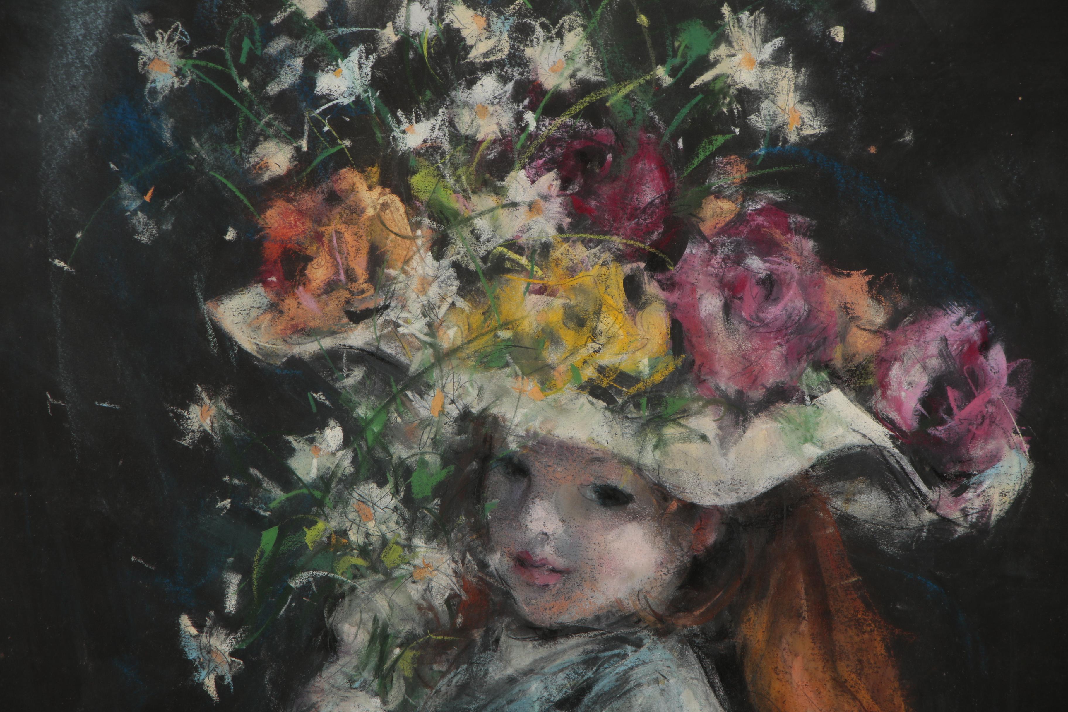 Pastel Drawing of Girl Wearing Floral Hat in the Style of Suzanne Eisendieck