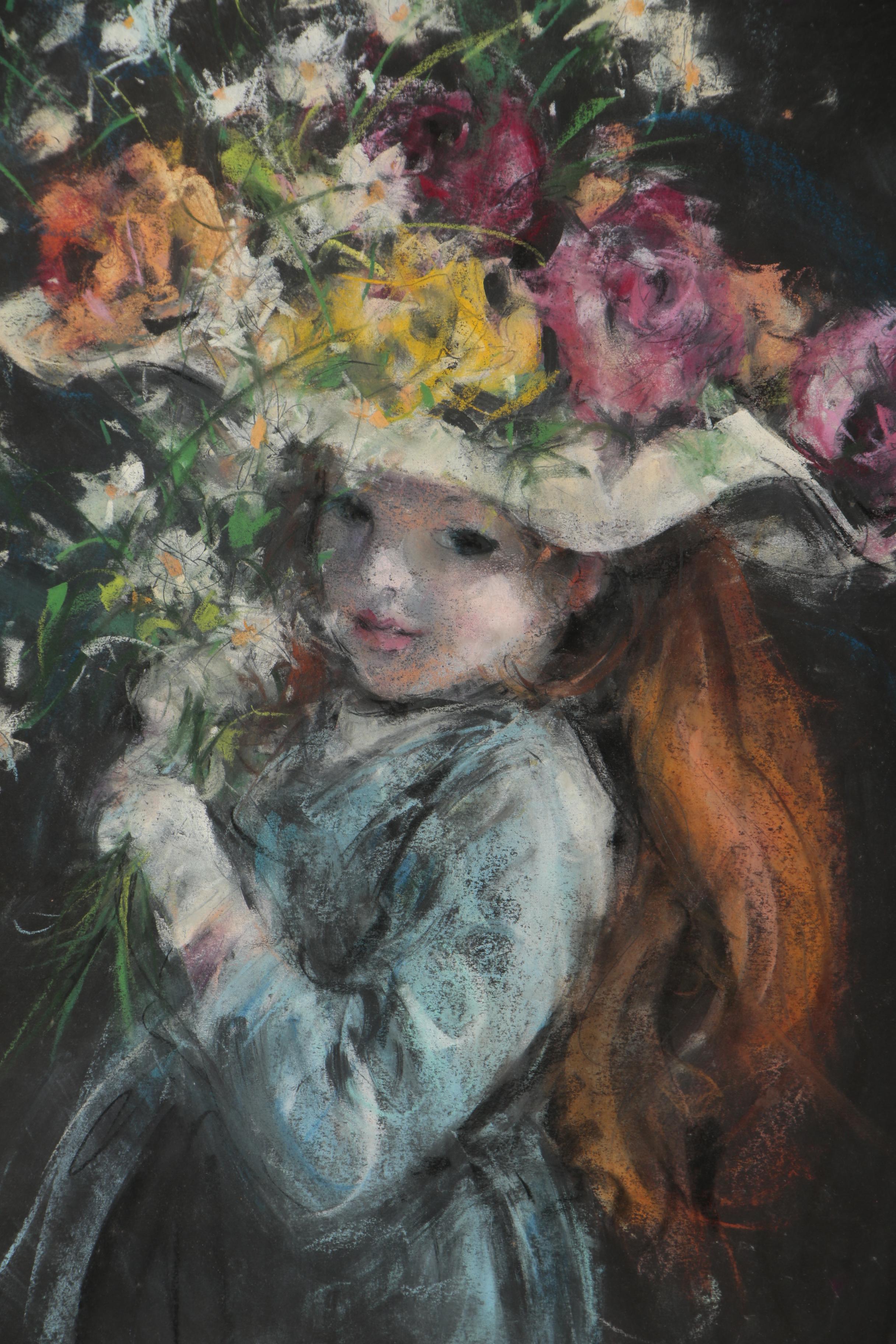 Pastel Drawing of Girl Wearing Floral Hat in the Style of Suzanne Eisendieck