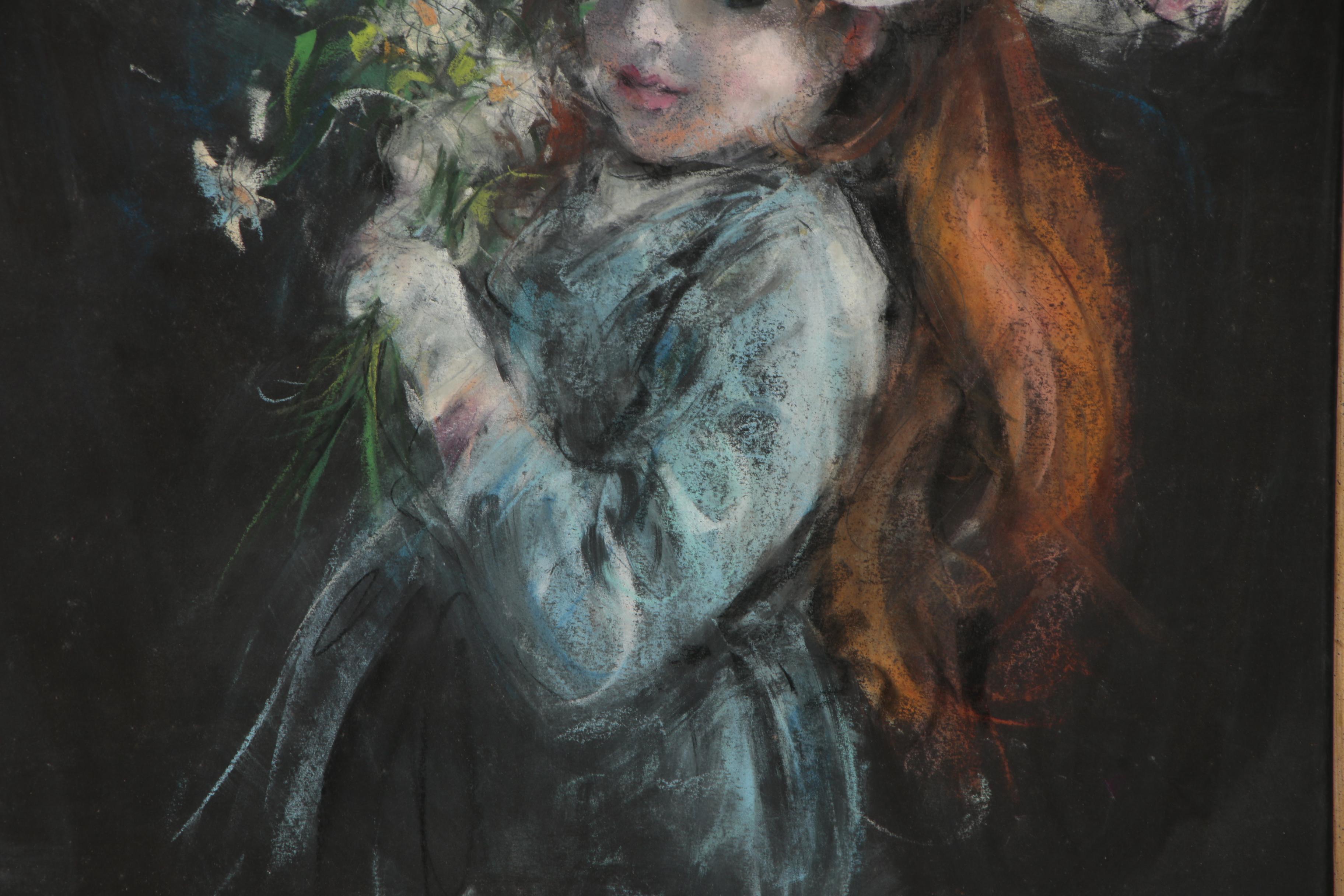 Pastel Drawing of Girl Wearing Floral Hat in the Style of Suzanne Eisendieck