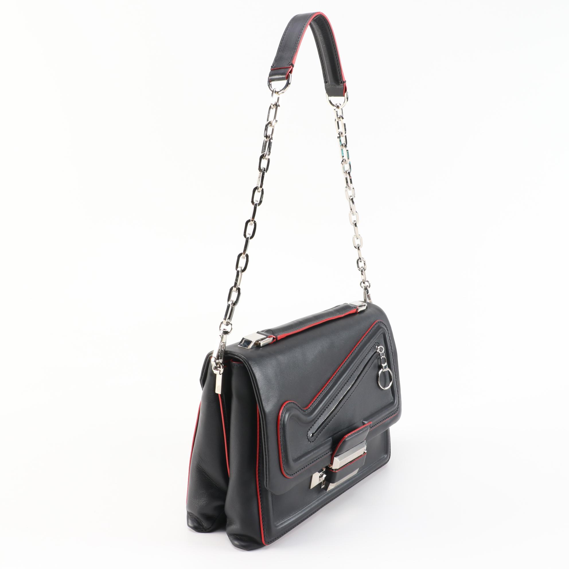 Versace DV One Chain Shoulder Bag in Black Leather with Red Trim