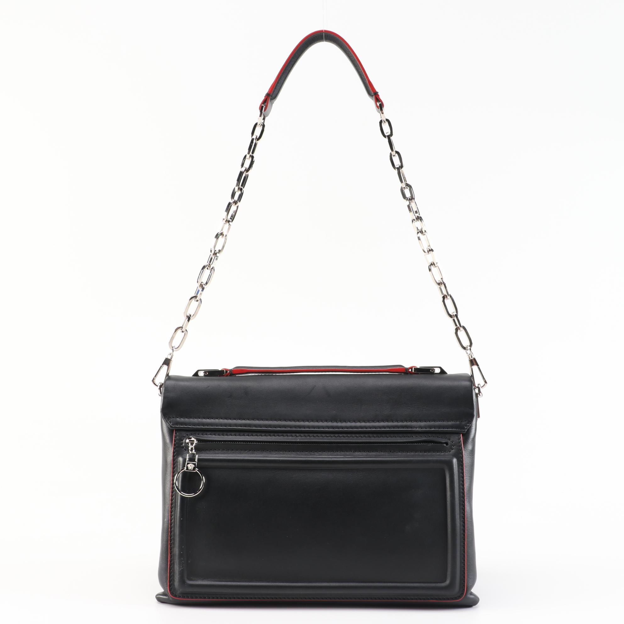 Versace DV One Chain Shoulder Bag in Black Leather with Red Trim