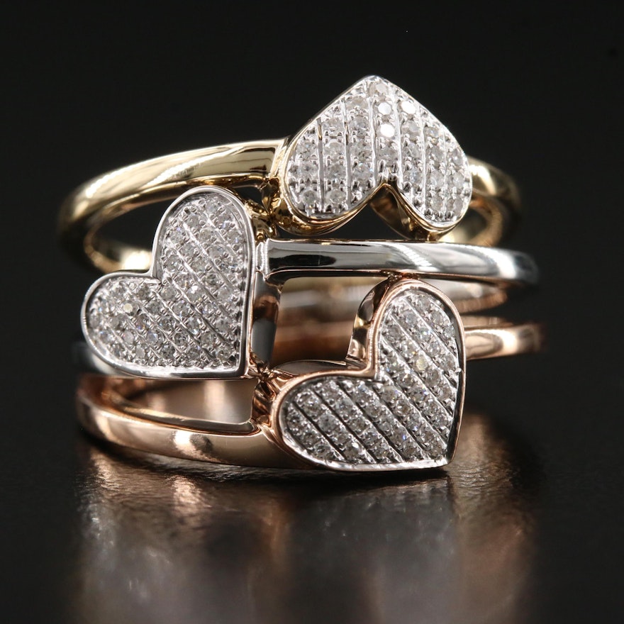 14K Tri-Color Gold, Diamond, Stacked Heart Ring
