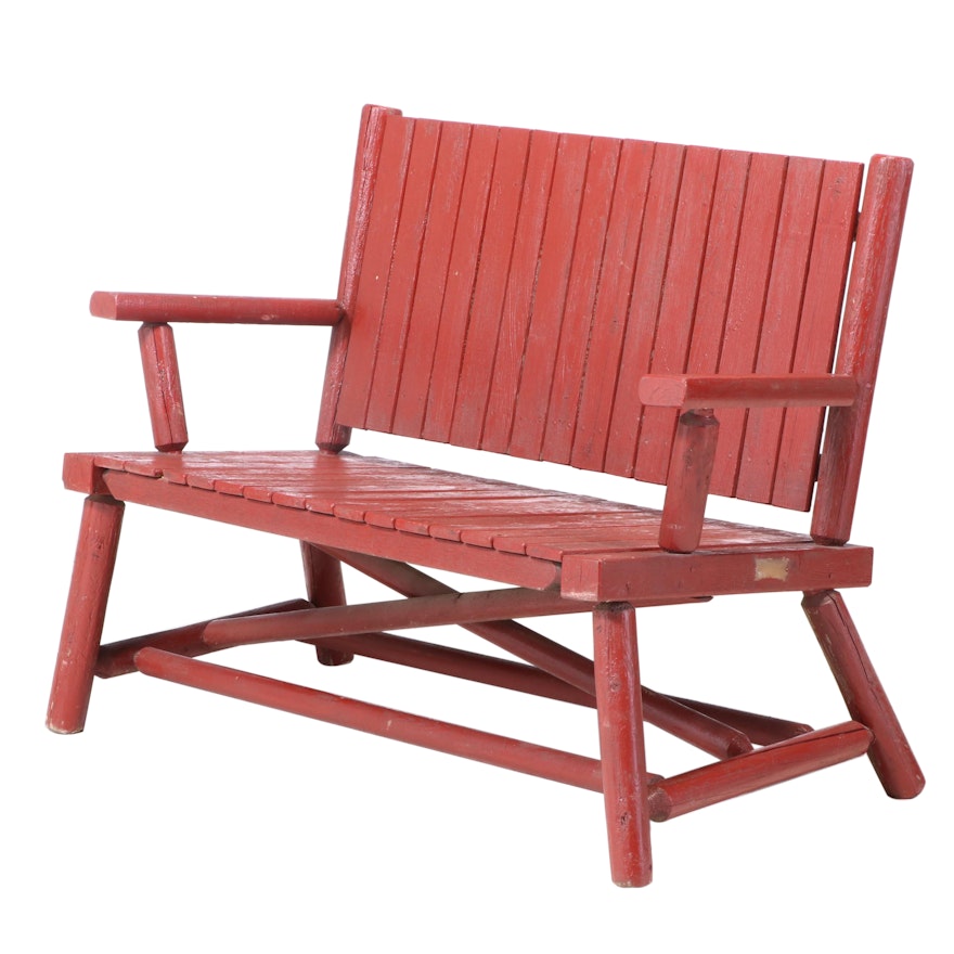 Adirondack Style Painted Log and Slatted Pine Settee, 20th Century