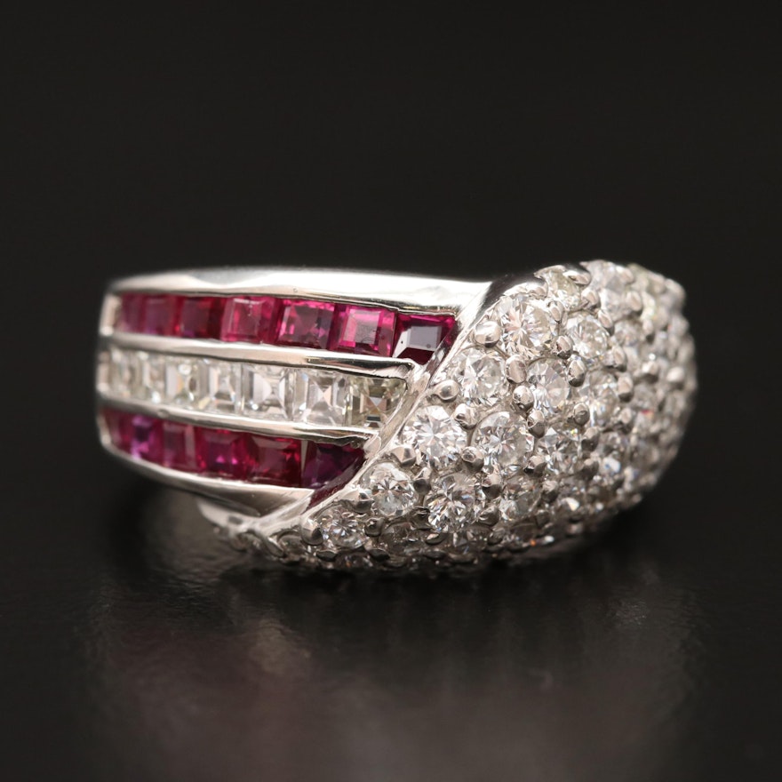 Platinum 1.55 CTW Diamond and Ruby Triple Row and Layered Ring