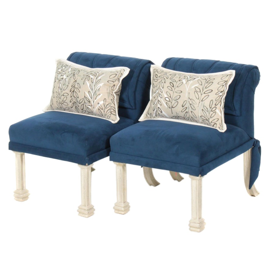 Blue Velveteen Upholstered Side Chairs, Pair