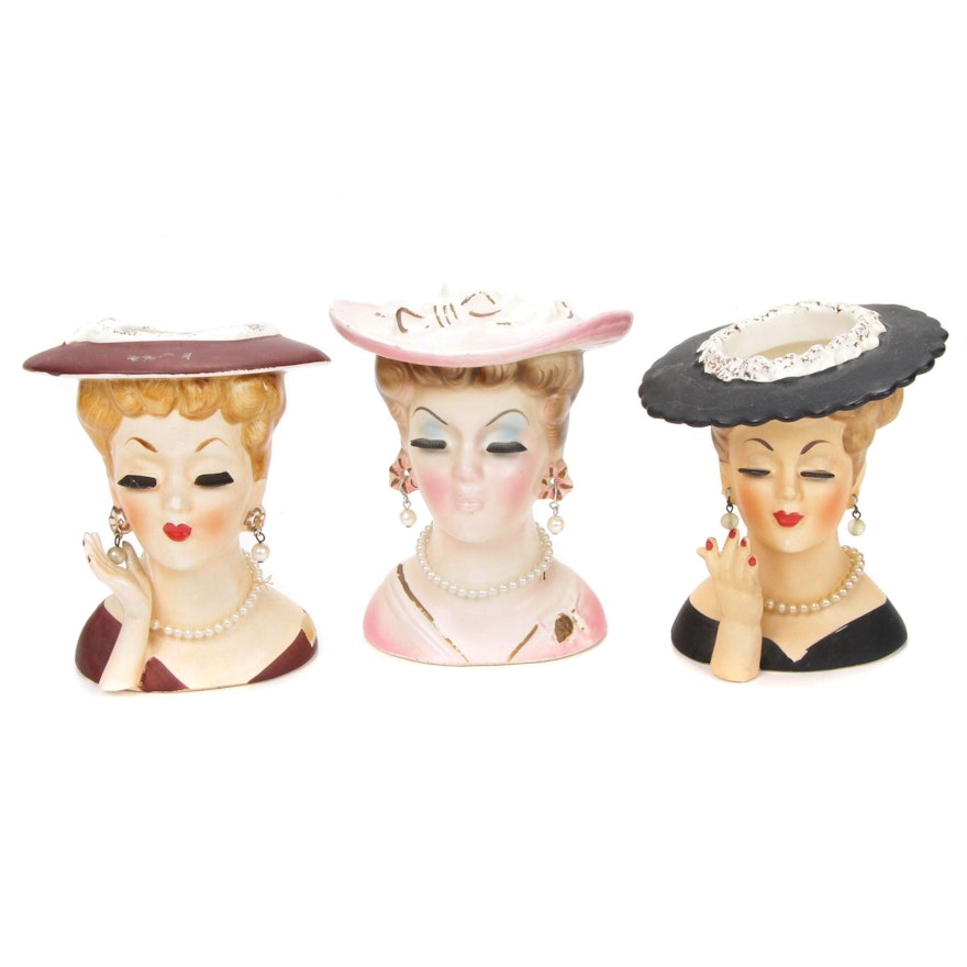 Napco and Other Ceramic Lady Head Vases, Mid-20th Century
