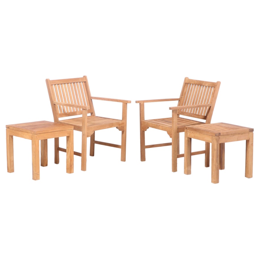 Teak Wood Patio Armchairs and Side Tables, Pair