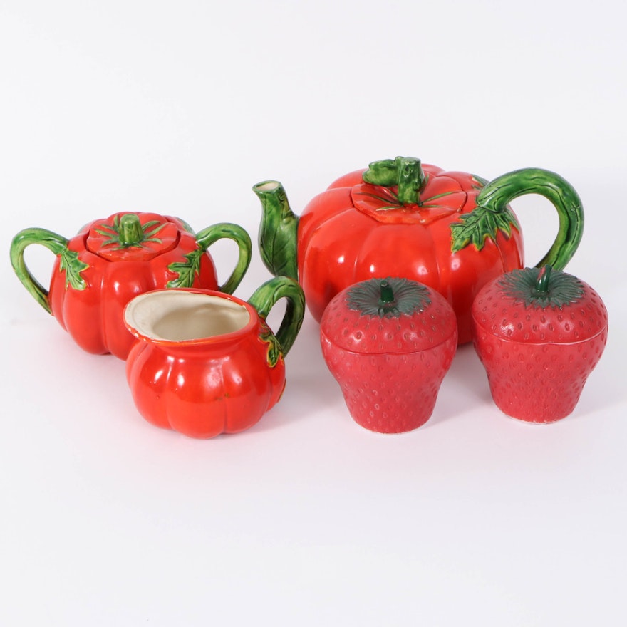 Japanese Ceramic Tomato-Themed Tea Set and Painted Glass Strawberry-Shaped Jars