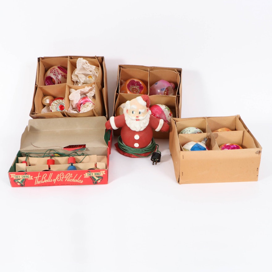 Christmas Ornament Collection with Illuminated Santa and St. Nicolas Lights