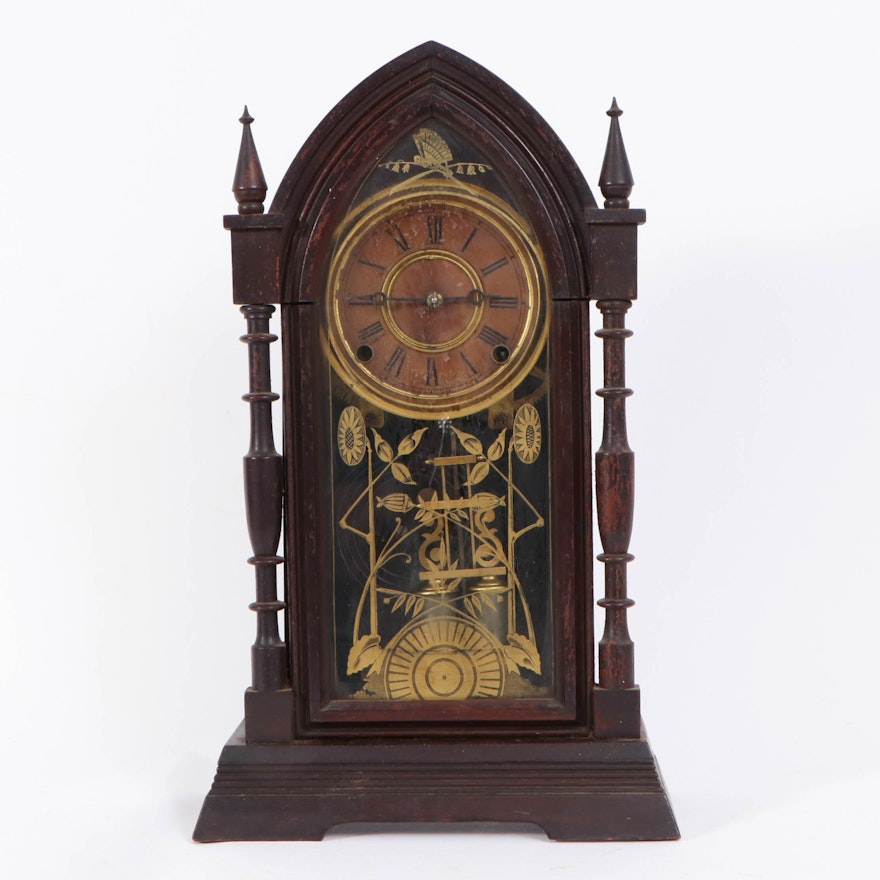 Ansonia Aesthetic Movement Walnut-Finish Cathedral Clock, Late 19th Century