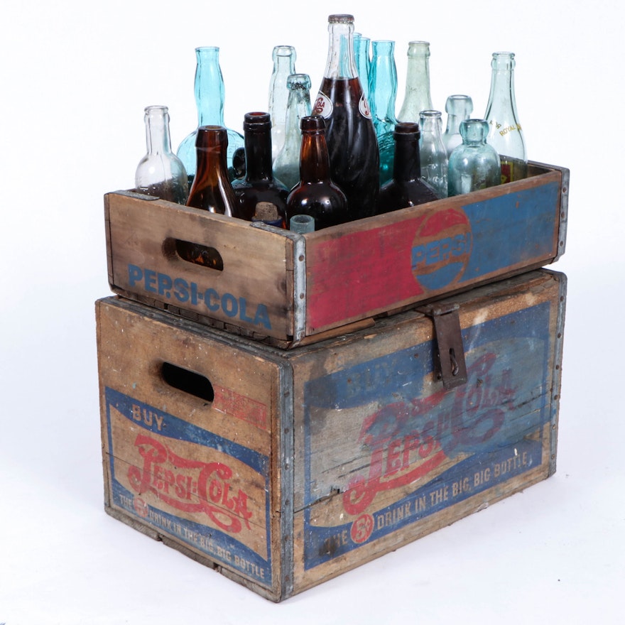 Pepsi-Cola Wooden Crates and Glass Beverage Bottles, Antique-Mid-20th Century