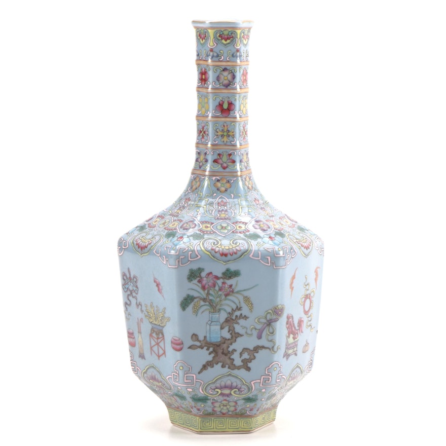 Chinese Finely Enameled Porcelain Octagonal Bottle Vase, Republic Period