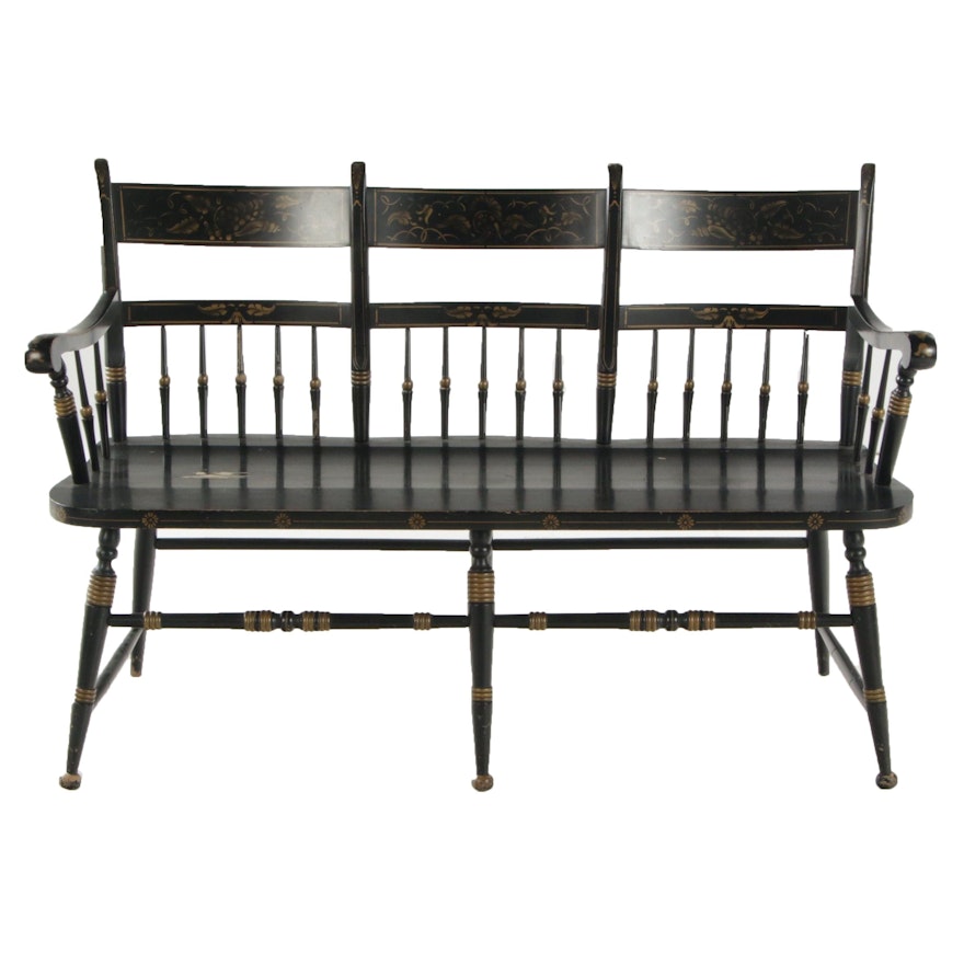 Hitchcock Style Stenciled Ebonized Wood Bench, Mid to Late 20th Century