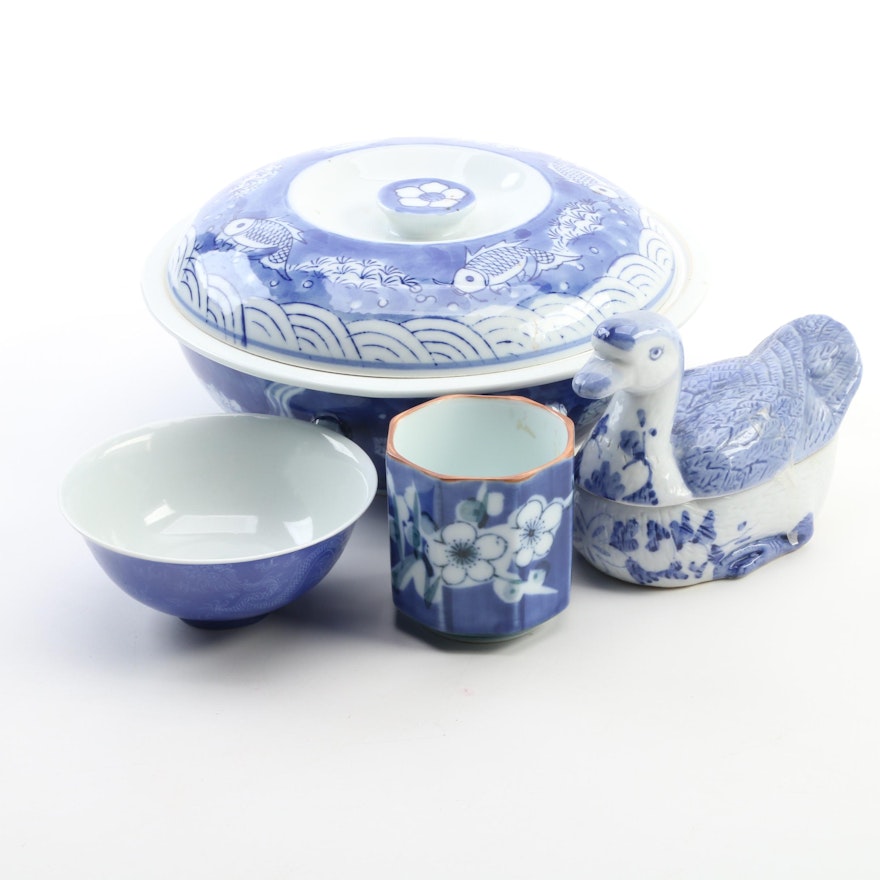 Chinese and Japanese Blue and White Porcelain Covered Dish and Other Decor