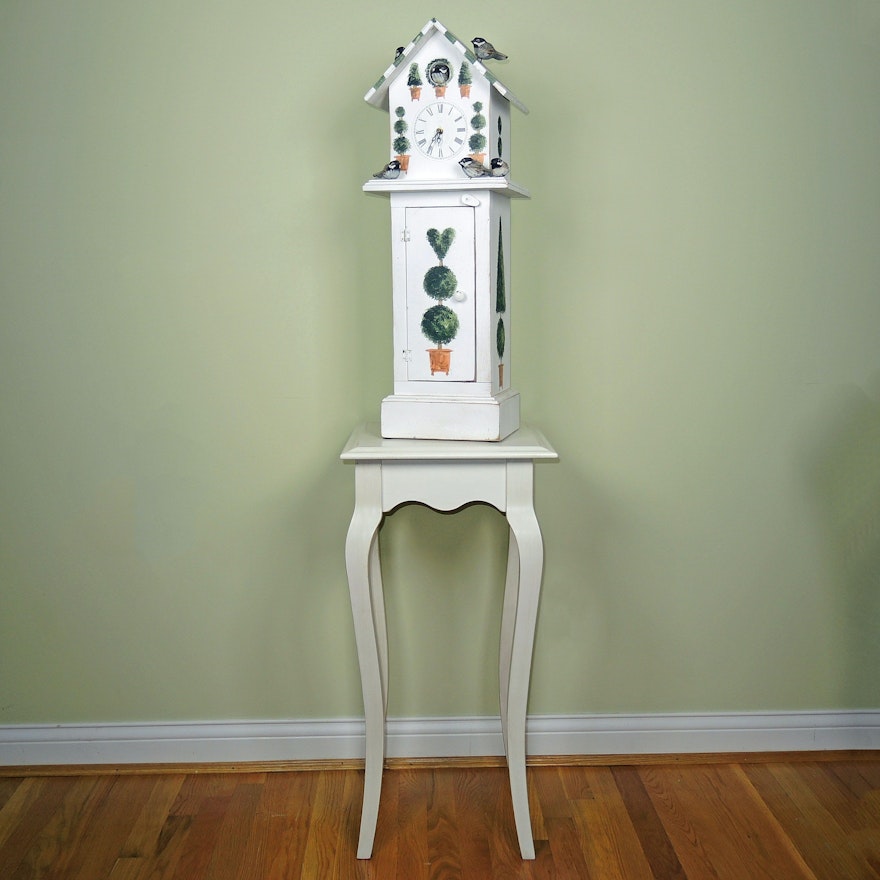 Hand Painted "Bird House" Clock with Wooden Accent Table