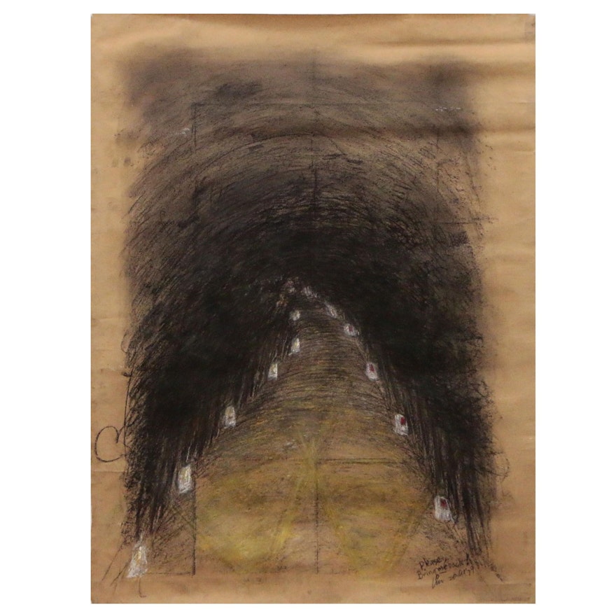 Esther Liu Pastel and Charcoal Drawing of a Dark Road, 1979