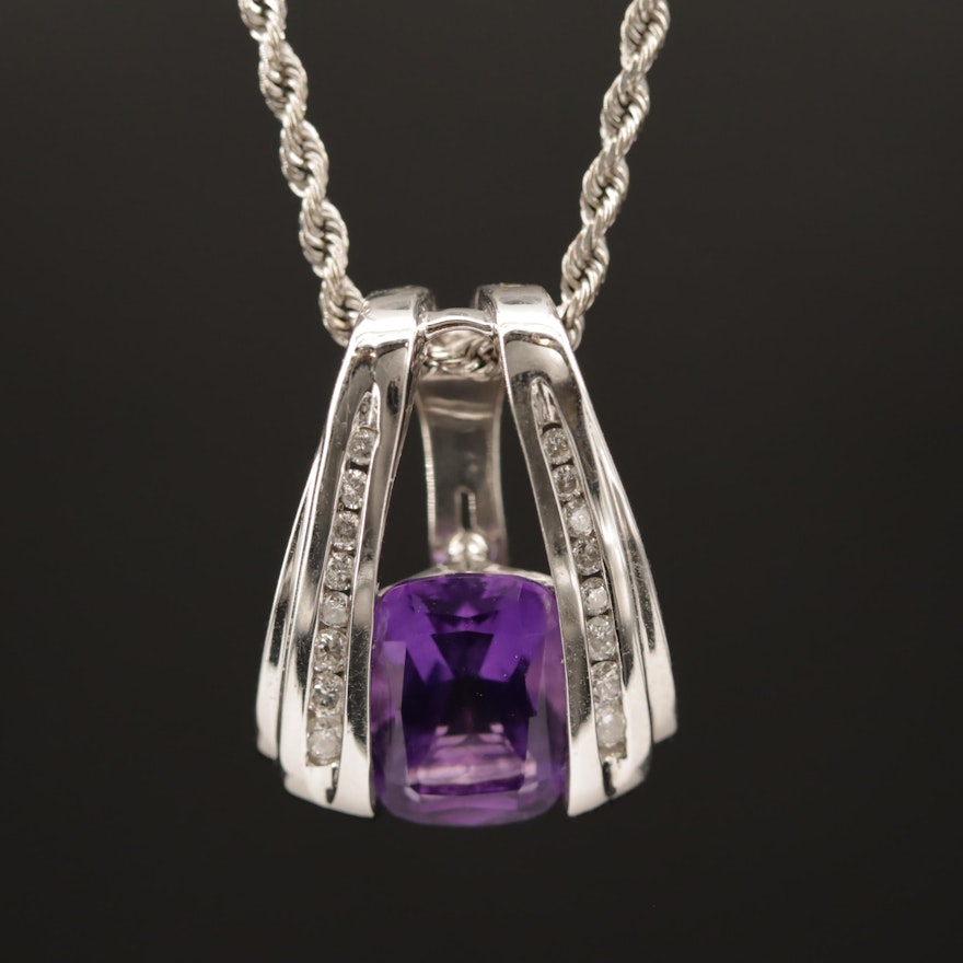 14K Amethyst and Diamond Enhancer Pendant Necklace