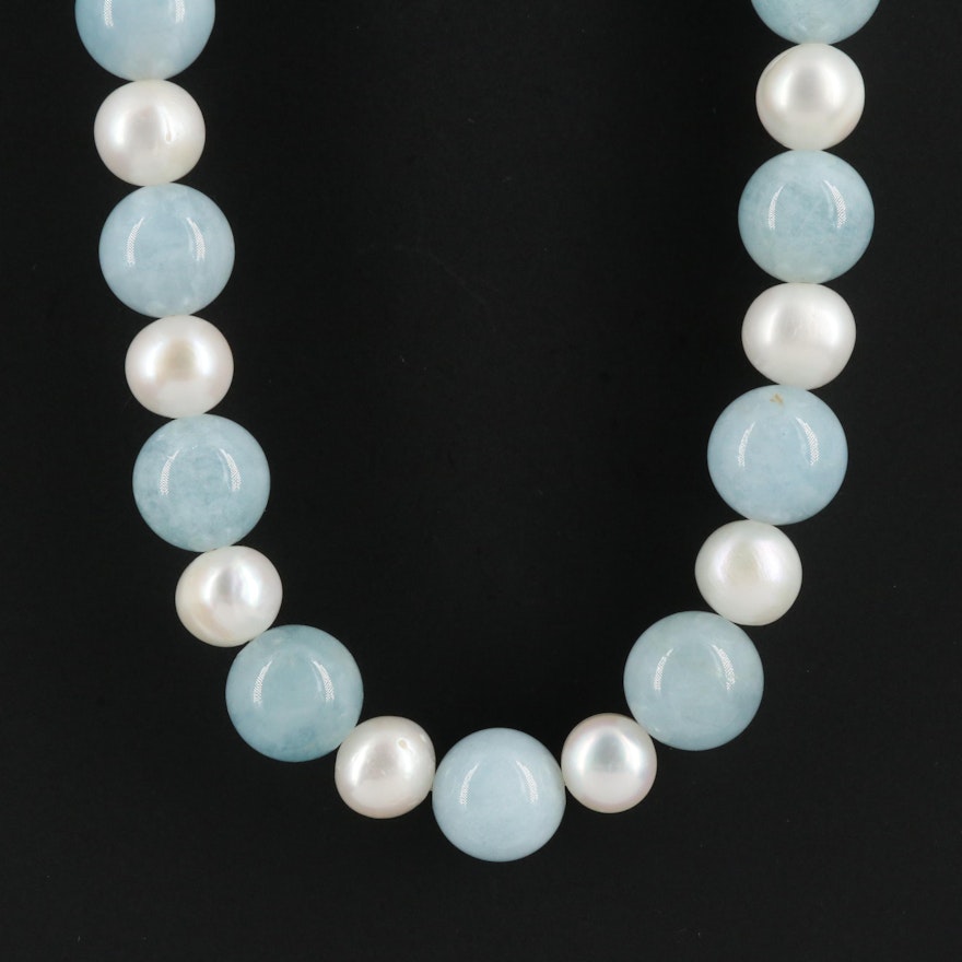 Pearl and Aquamarine Necklace with Sterling Silver Clasp