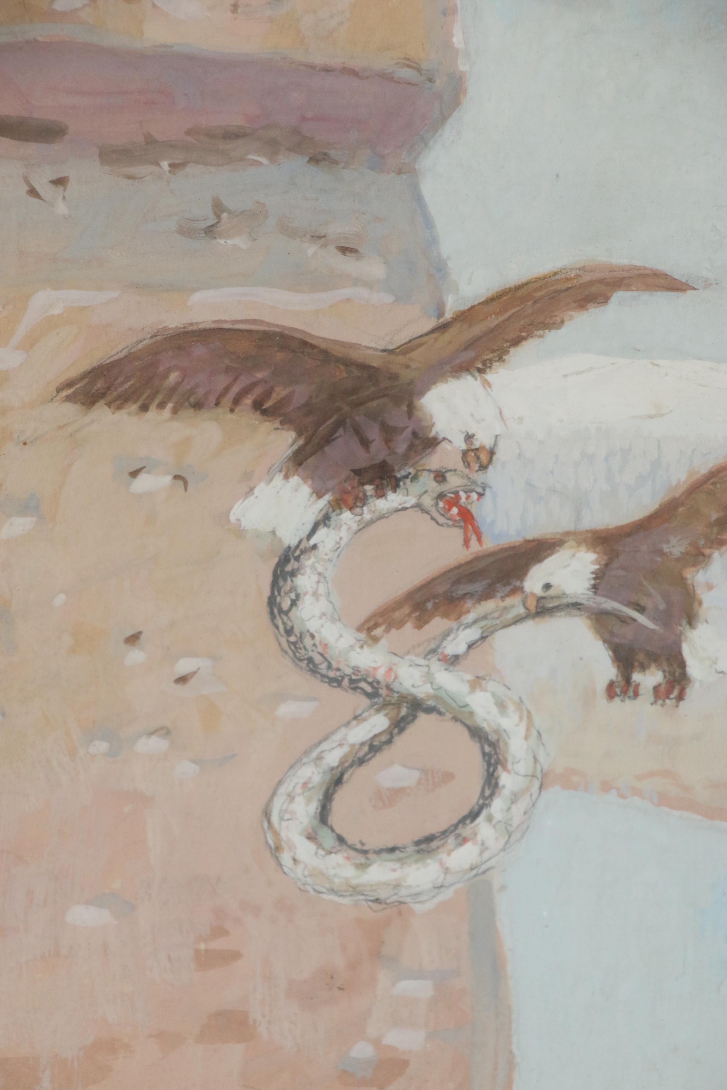 Edwin Deming Gouache Painting of Two Eagles with Snake