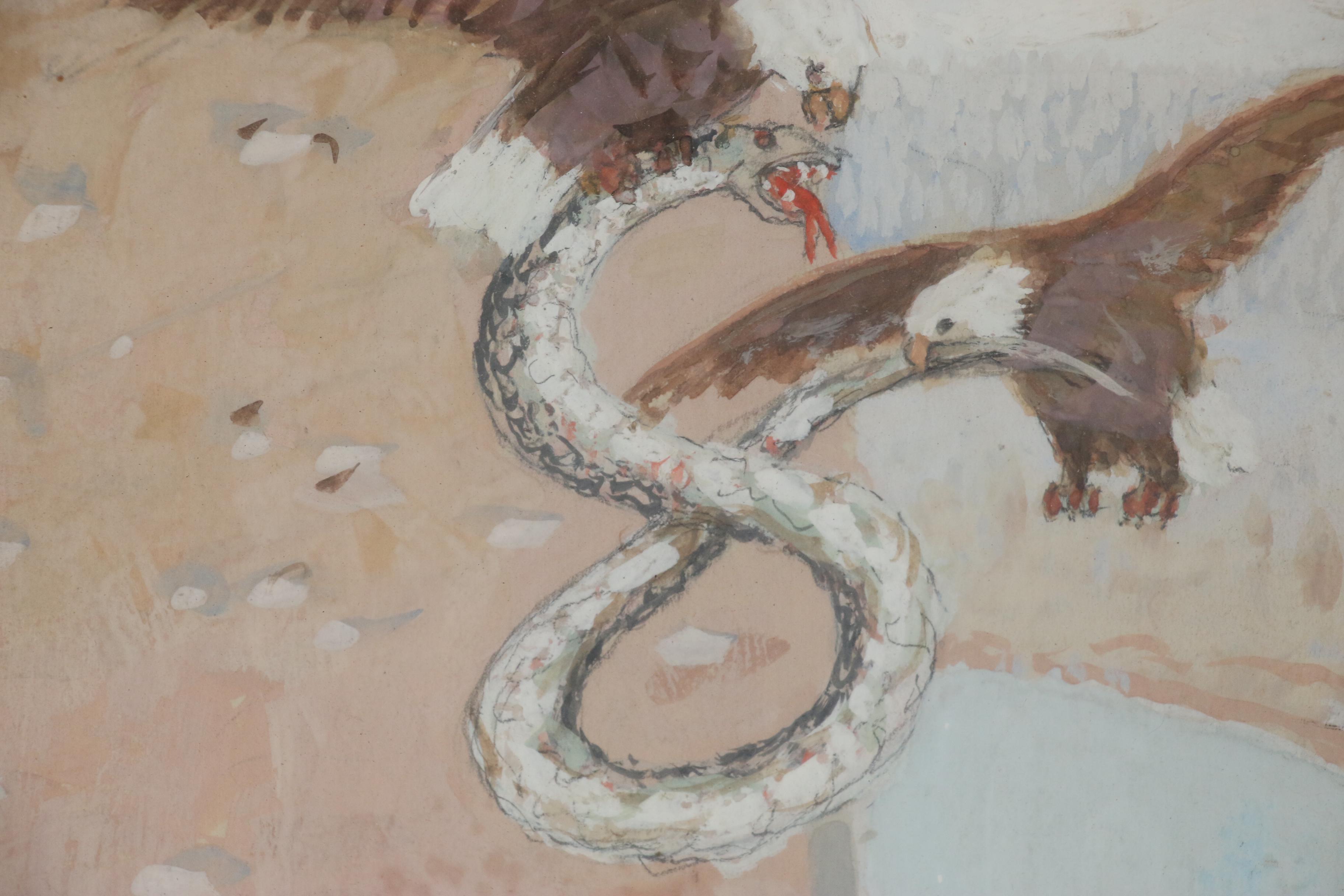 Edwin Deming Gouache Painting of Two Eagles with Snake