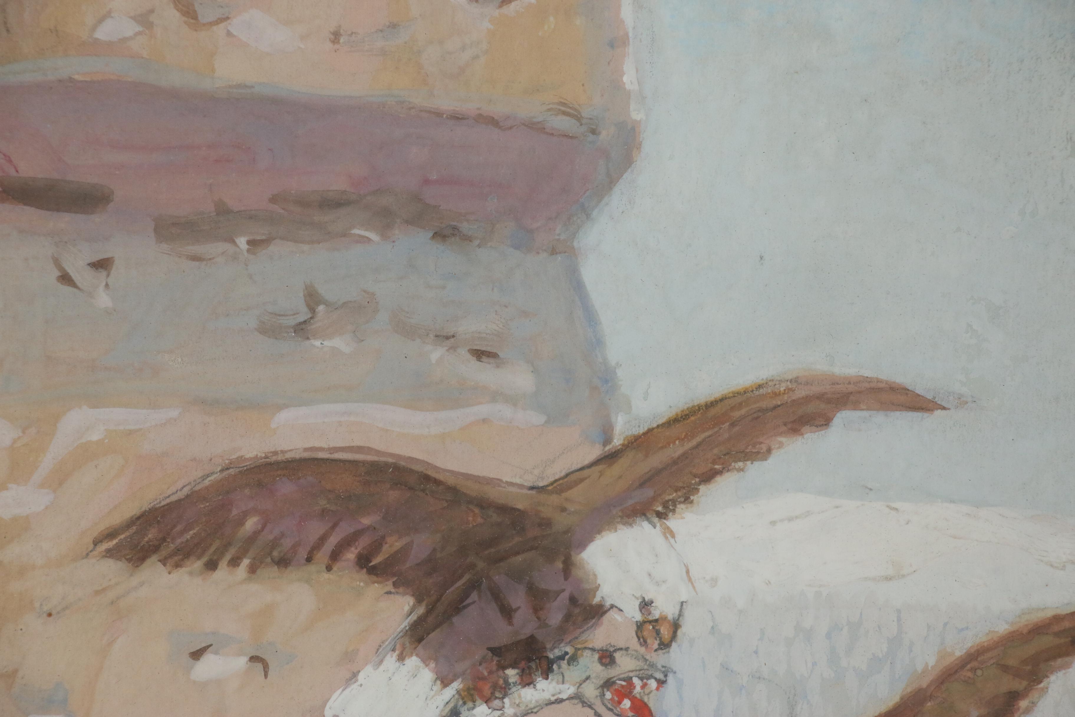 Edwin Deming Gouache Painting of Two Eagles with Snake