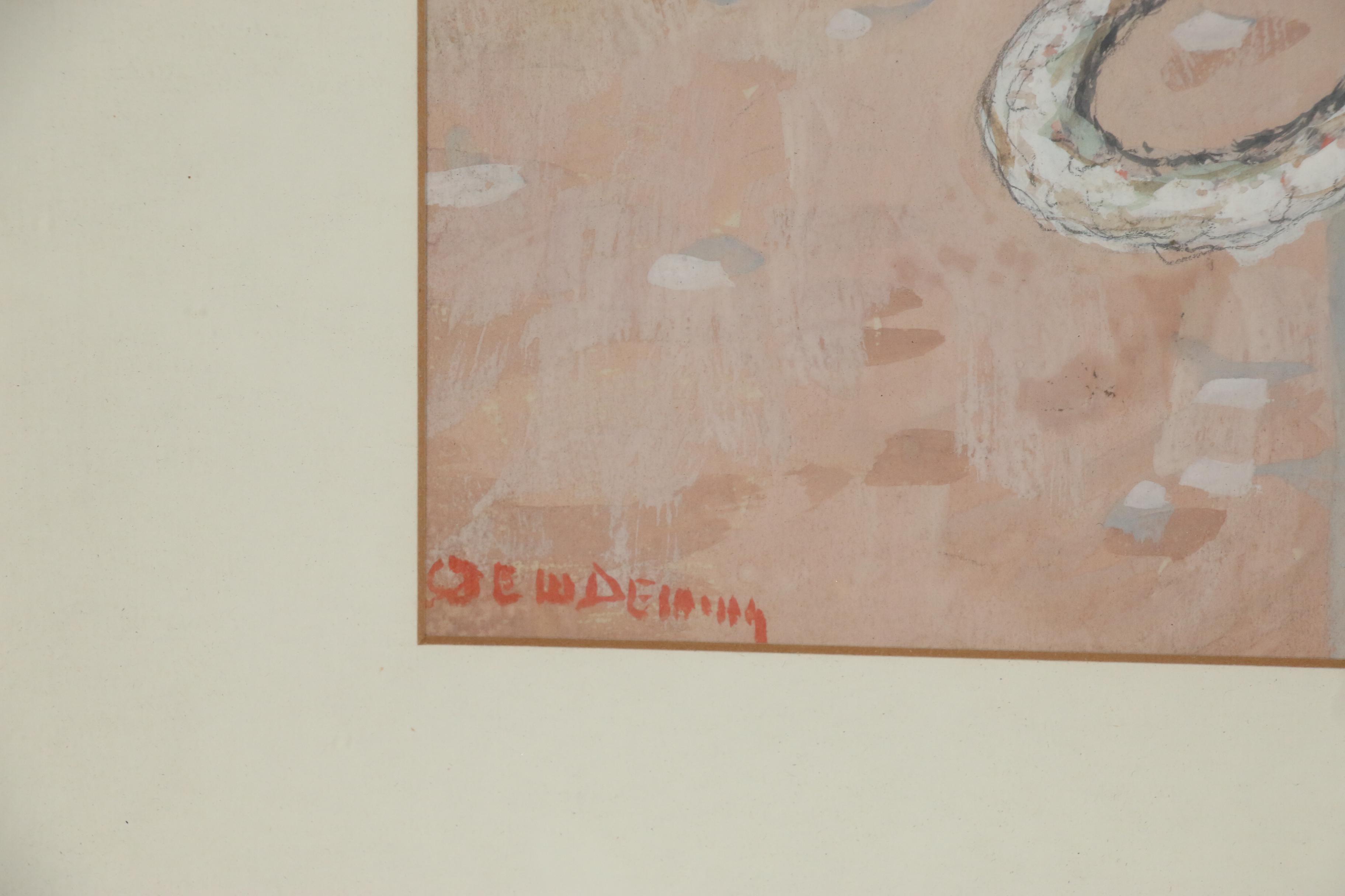 Edwin Deming Gouache Painting of Two Eagles with Snake