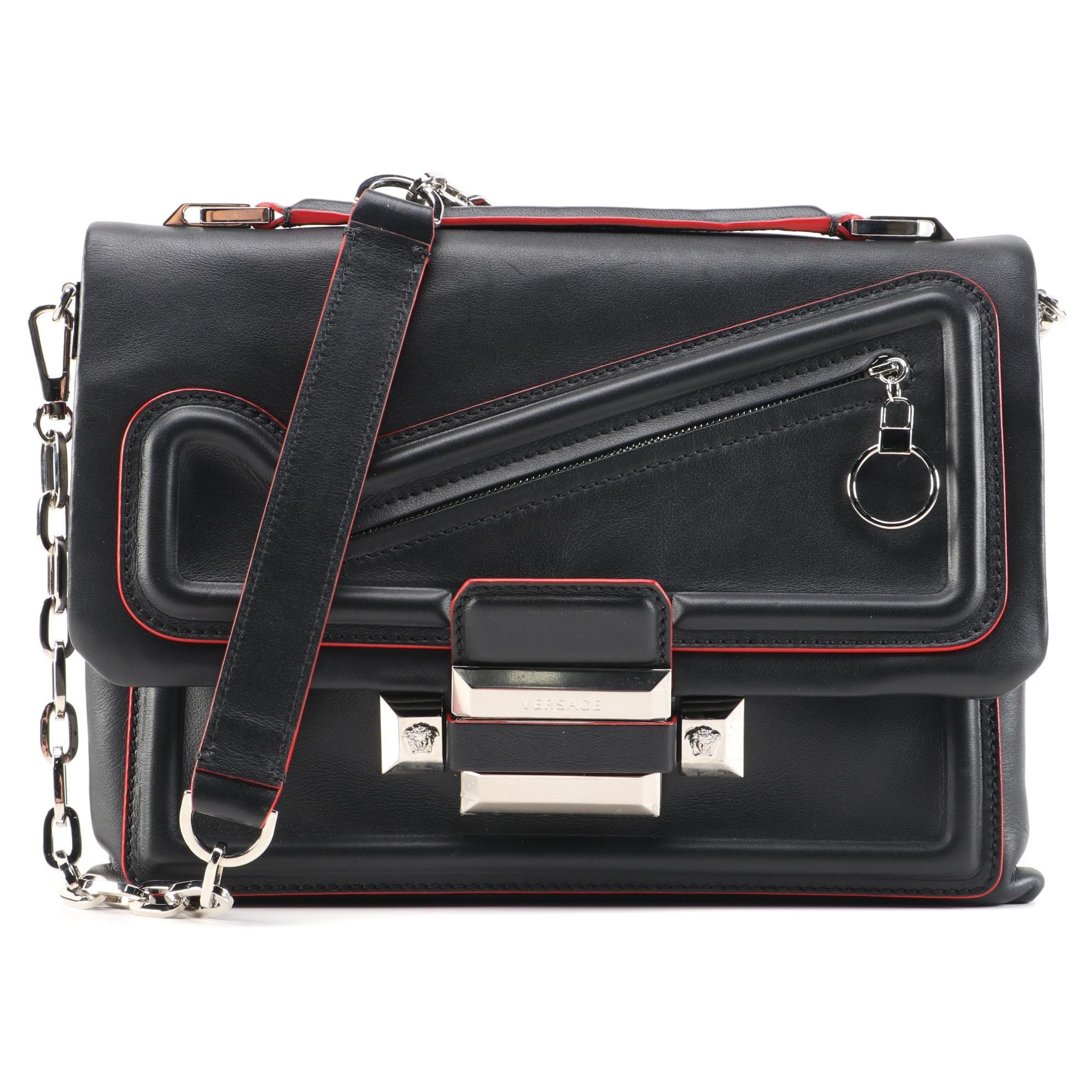 Versace DV One Chain Shoulder Bag in Black Leather with Red Trim