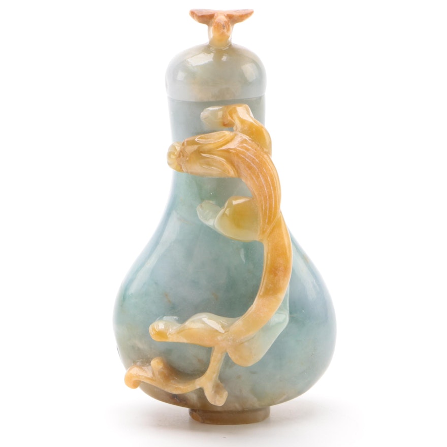 Chinese Carved Jadeite Dragon Snuff Bottle