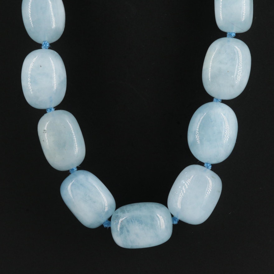 Hand Knotted Graduated Aquamarine Bead Necklace with Sterling Silver Clasp