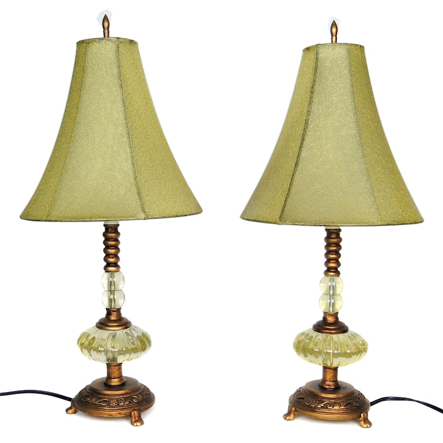 Pair of Glass and Wood Table Lamps, Late 20th Century