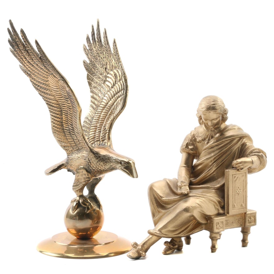 Brass American Eagle with Cast Iron Robed Man Figural, Late 20th Century