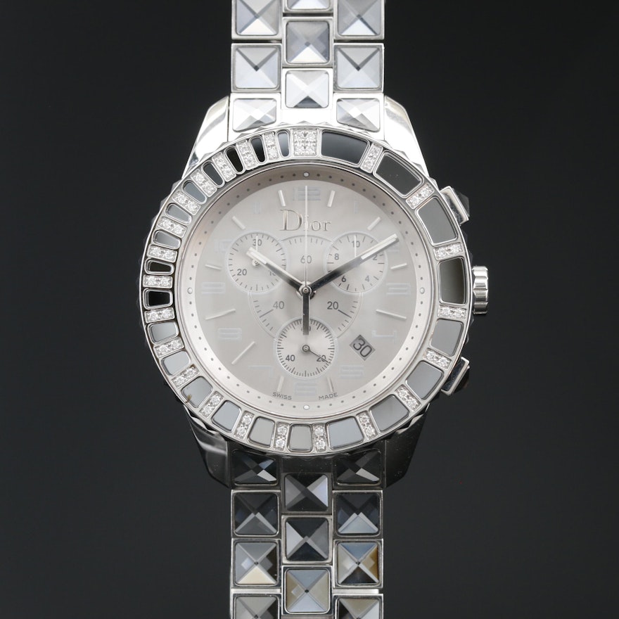 Christian Dior Christal Chronograph Diamond and Stainless Steel Wristwatch