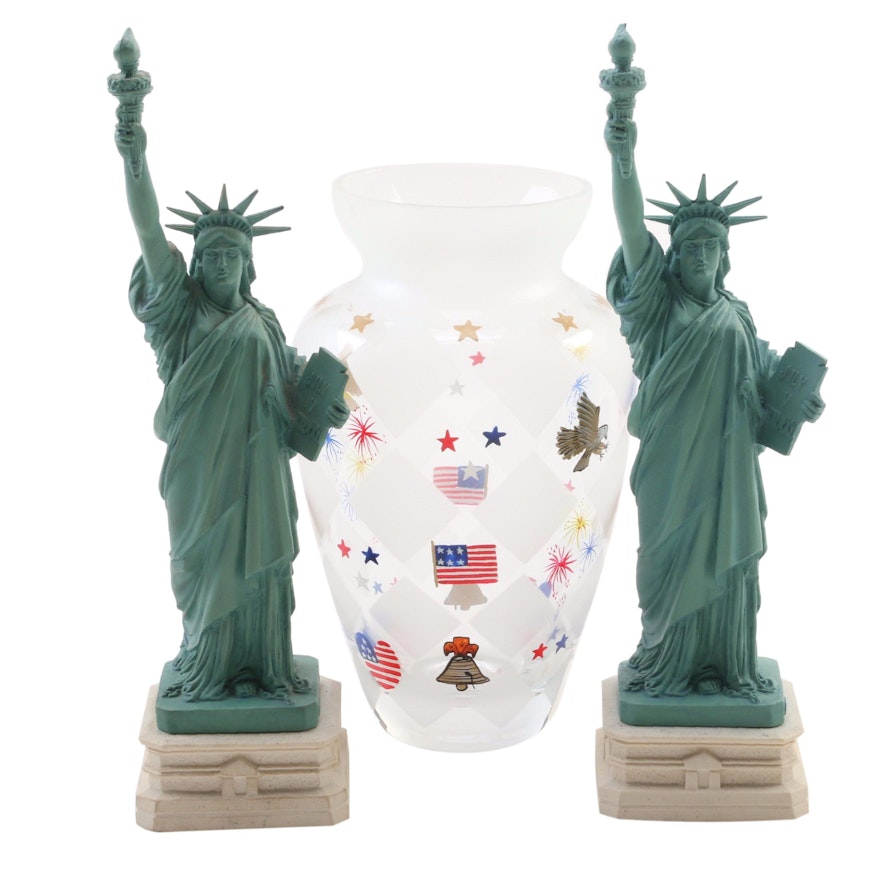 Lenox "Patriotic Collection" Glass Vase and Composite Statue of Liberty Figurals