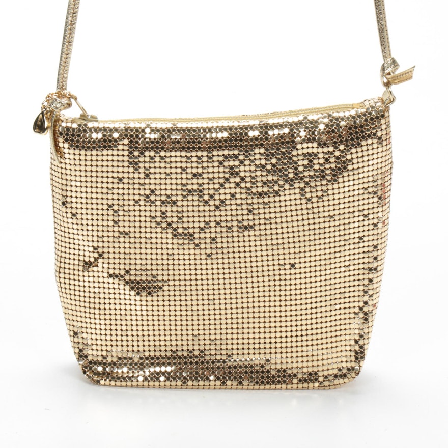 Whiting & Davis Mesh and Gold Metallic Leather Crossbody Bag, Vintage