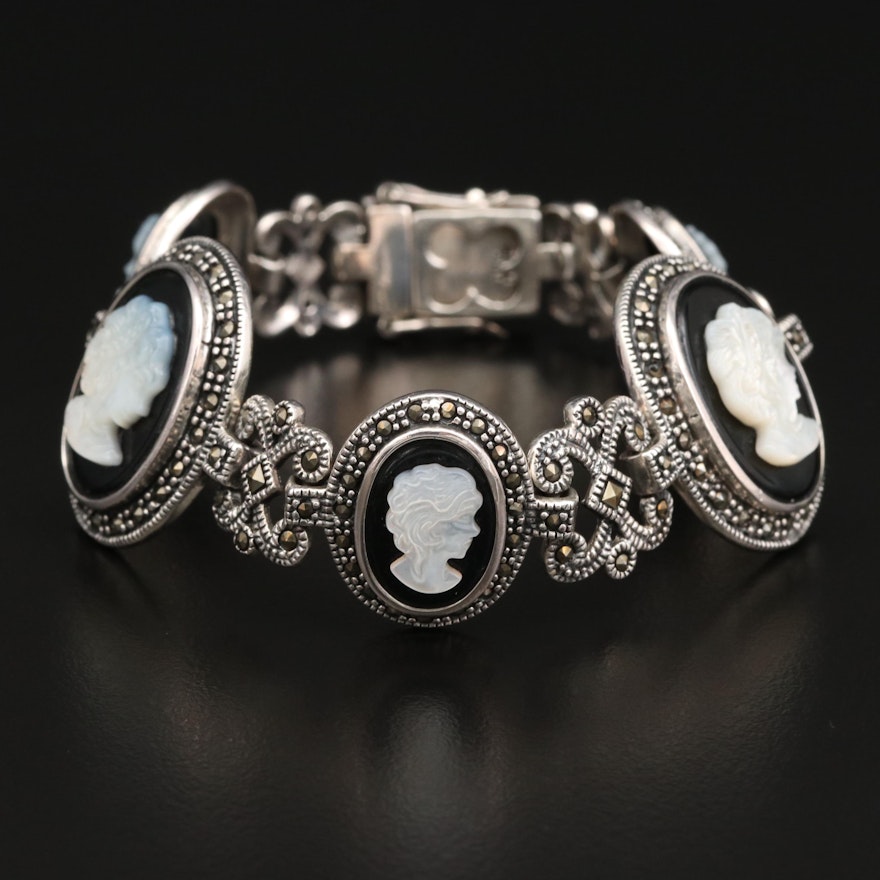 Sterling Silver Mother of Pearl, Black Onyx and Marcasite Cameo Bracelet