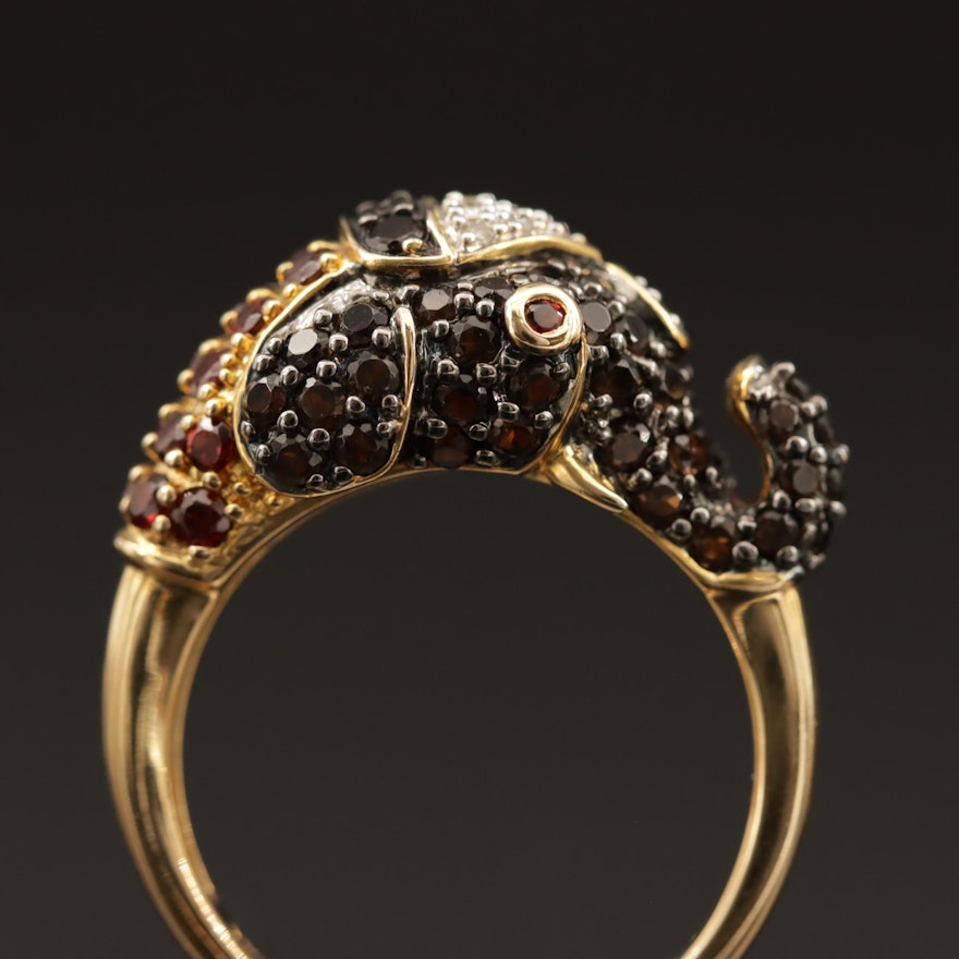 Sterling Silver Garnet, Diamond and Smoky Quartz Elephant Ring